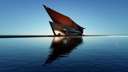 three dimensional illustration of a modern residence along the sea shore