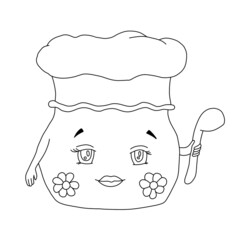Tureen with a floral pattern, in a chef's cap and a large spoon in hand. Outline on a white background cartoon hand drawn illustration
