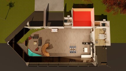 rendered three dimensional plan of a residence with shadows