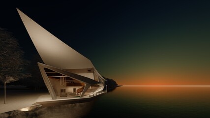 three dimensional illustration of a house at sunset
