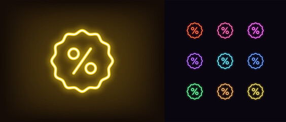 Outline neon percentage icon. Glowing neon percentage sign, discount tag pictogram in vivid colors - obrazy, fototapety, plakaty