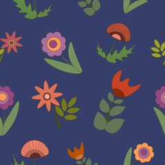 Fototapeta na wymiar Vector seamless flower pattern on blue background. Colorful flat style pattern with separate flowers. Simple bright design. 