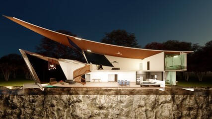 three dimensional illustration of a residence with lights at night