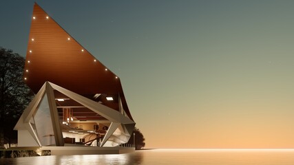 three dimensional illustration of a modern house along the sea shore during sunset