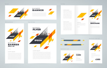 Identity Abstract geometric theme Set flyer cover, tri-fold, banner, roll up banner, business card orange color