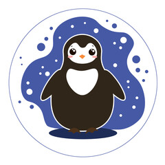 Vector character little funny black penguin on blue background. Cute flat style clipart.  