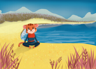 tiger cub in the sports uniform of a kung fu master sits on the shore of the lake. Cute cartoon style of illustration in autumn colors