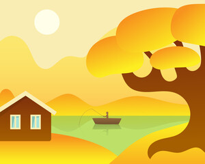 Fototapeta na wymiar Autumn landscape. Mountains, a river, a tree with yellowed foliage, a house and a boat with a fisherman. Vector illustration.