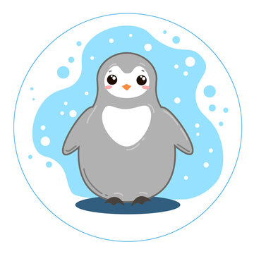 Vector character little cute grey penguin on blue background. Nice flat style clipart. 