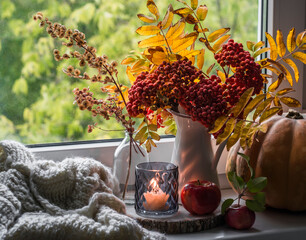 Autumn home still life on the window - a bouquet of mountain ash in a jug, a lit candle, a pumpkin....