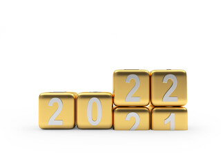 Numbers 2021 changes to 2022 on golden dice isolated on white background. 3D illustration 