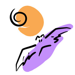 A lilac bat flies under an orange moon on Halloween