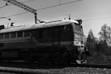 black and white photo of the train. railway freight train. locomotive close up. Russian Railways