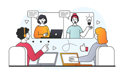 Online video conference or meeting concept. Employees of company at remote work discuss details of project and communicate with each other. Effective teamwork. Cartoon flat vector illustration