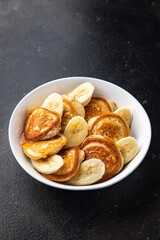 banana pancakes fruit breakfast syrup honey delicious sweet dessert slice fresh meal snack on the table copy space food background 