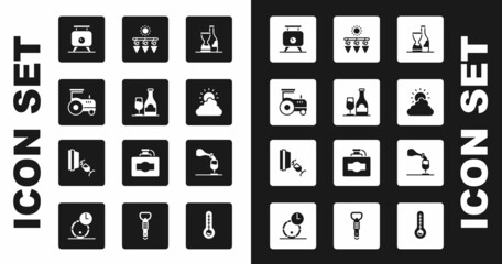 Set Bottle of wine, Wine bottle with glass, Tractor, Fermentation grapes, Sun and cloud weather, Drying, tasting, degustation and icon. Vector