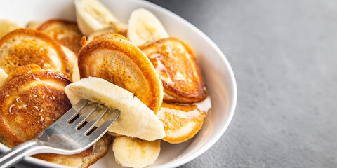 banana pancakes fruit breakfast syrup honey delicious sweet dessert slice fresh meal snack on the table copy space food background 