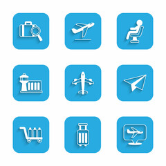 Set Plane, Suitcase, Paper airplane, Trolley baggage, Airport control tower, Human waiting in airport terminal and Lost icon. Vector