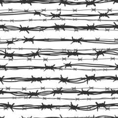 Black and gray ink barbed wire isolated on white background. Cute monochrome seamless pattern. Vector simple flat graphic hand drawn illustration. Texture.