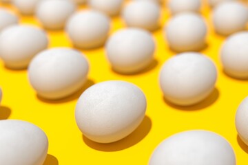High angle view of eggs arranged on color background