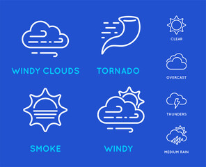 Set of Weather Related Line Icons. Contains Wind, Blizzard, Sun, Rain and more. Stroke Style.