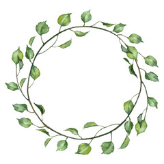 Circle floral wreath. Hand painted watercolor design for greeting cards and invitations. Green botany leaves on twigs in round frame