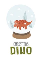 Cute dino triceratops in snow globe christmas poster. Print for wall art, apparel, card, textile, fabric, nursery, stationery, nursery.