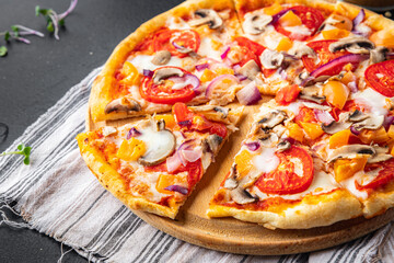 vegetable pizza tomato, pepper, onion, mushroom, corn fresh  meal snack on the table copy space vegetarian food background rustic 