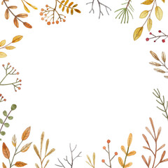 Fototapeta na wymiar Watercolor autumn frame border with plants, flower, berries. Element for banner, card, wrapping, paper, invitation.