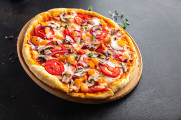 vegetable pizza tomato, pepper, onion, mushroom, corn fresh  meal snack on the table copy space vegetarian food background rustic 