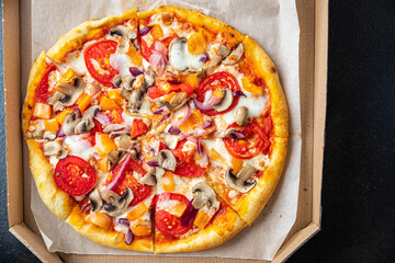 vegetable pizza tomato, pepper, onion, mushroom, corn fresh  meal snack on the table copy space vegetarian food background rustic 