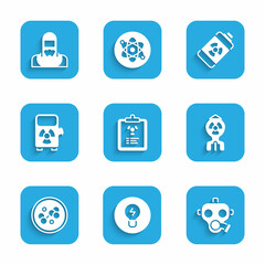 Set Radiation warning document, Light bulb with concept of idea, Gas mask, Nuclear bomb, Molecule, Electric car charging station, energy battery and reactor worker icon. Vector
