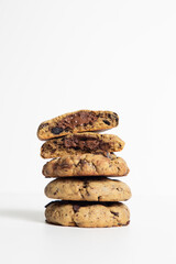 Chocolate chip cookies isolated on white background. Sweet dessert biscuits. Homemade pastry. Top close shot.