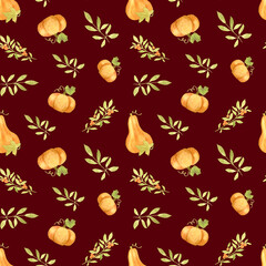 Watercolor autumn pattern with orange pumpkins and leaves on a dark red background. Autumn design for Thanksgiving and Halloween celebrations. For packing paper, stationery and congratulations.