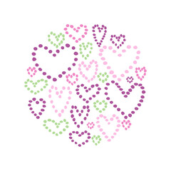 Cute hearts consisting of dots. Romantic round shape template. Hearts made of shades of red and pale green. The elements are located close to each other. Printing of love cards. A vector image.