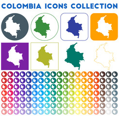 Colombia icons collection. Bright colourful trendy map icons. Modern Colombia badge with country map. Vector illustration.