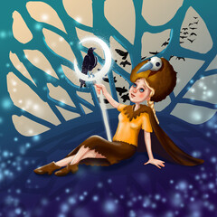 a girl watching a raven. Birds flying south. Full illustration with a magical plot