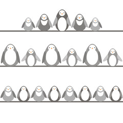 Vector flat style borders with cute penguins. Funny greeting card design.