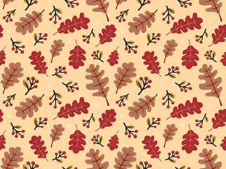 Autumn seamless pattern. Brown and red leaves background design. Colorful vector illustration