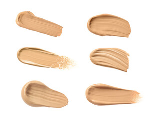 Set with different shades of liquid skin foundation on white background, top view