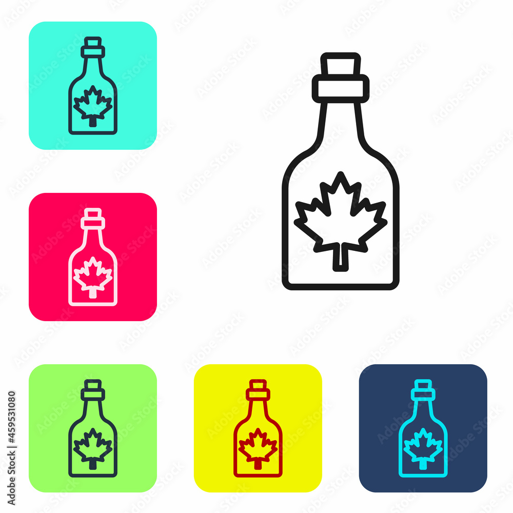 Aufkleber black line bottle of maple syrup icon isolated on white background. set icons in color square button