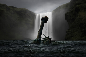 Statue of Liberty submerged in the sea with a waterfall in the background