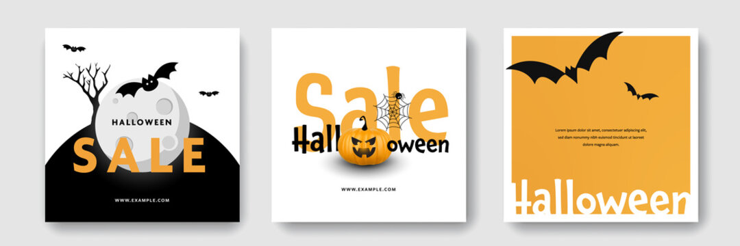 scary halloween social media post with black and orange accent, instagram and facebook posts with haunted vector illustration, modern seasonal layouts