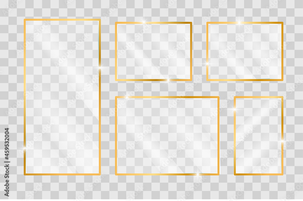 Poster set of square shiny frames with glowing effects on transparent background. golden square frames with