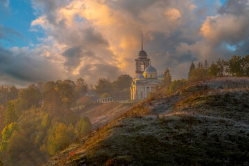 
Borisoglebsky Cathedral. Monastery of the Tver Diocese of the Russian Orthodox Church, located in the town of Torzhok, Tver Region, Russia. Wonderful morning light with light haze and amazing clouds