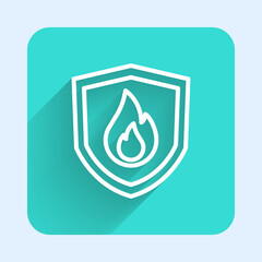 White line Fire protection shield icon isolated with long shadow background. Insurance concept. Security, safety, protection, protect concept. Green square button. Vector