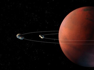Orbits of asteroids around a large red planet. Planetary system. 