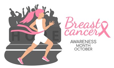 Postcard, banner Breast cancer Awareness month october. Flat vector illustration of girl running to the finish line, the finishing pink ribbon is torn. Healthy lifestyle. EPS 10