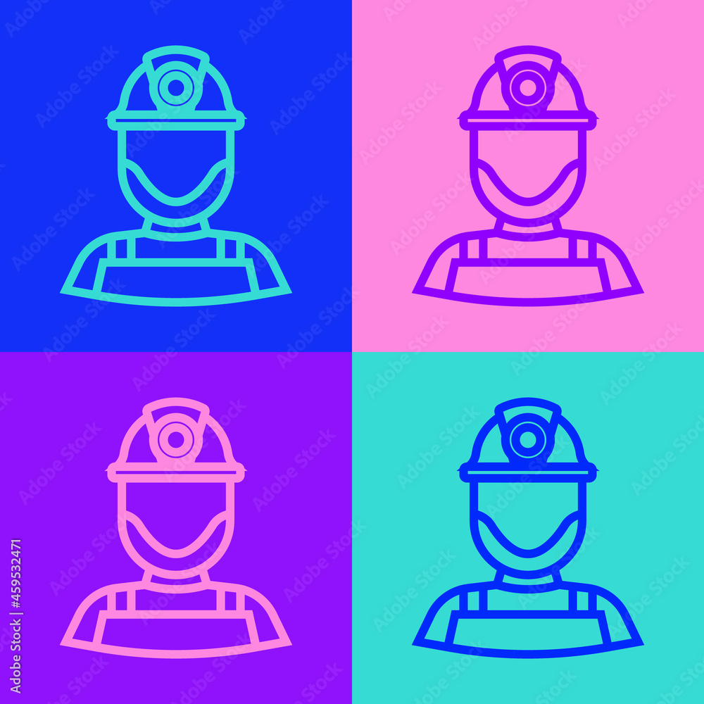 Poster pop art line miner in a helmet icon isolated on color background. vector