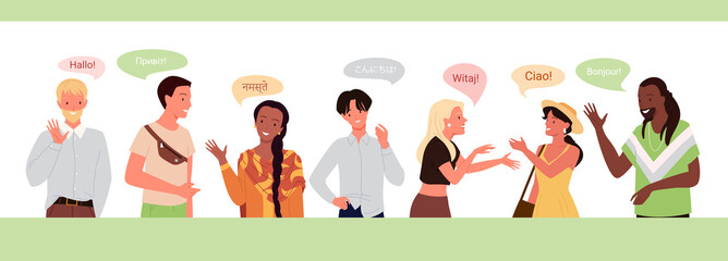 International people greeting, speak different native languages vector illustration. Cartoon multicultural multilingual diverse communication, group of man woman speaker characters talk background